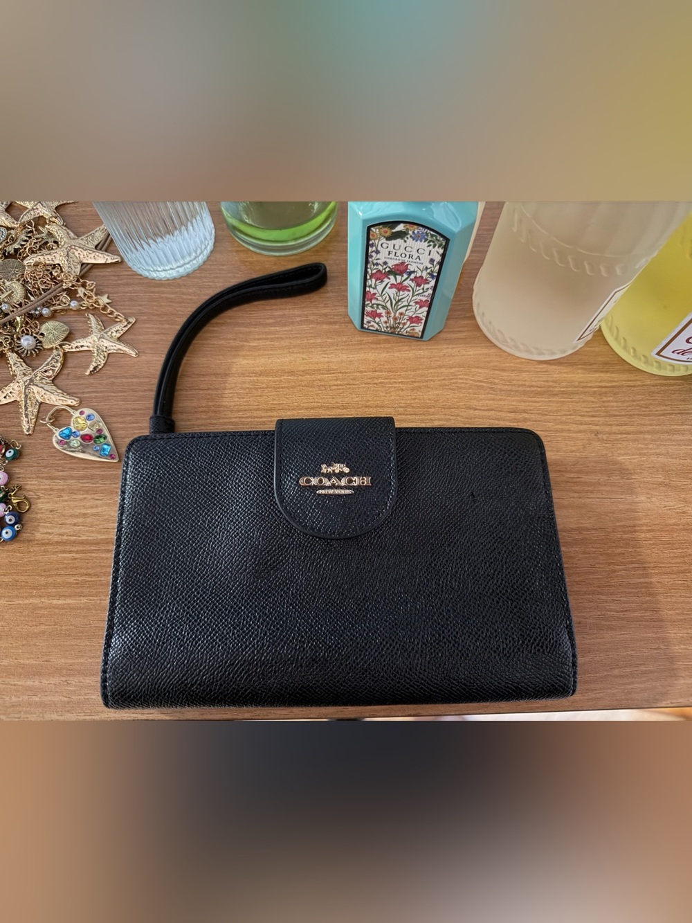 Coach Wallet -  Black Pebbled Leather Wristlet with Gold Logo Accent